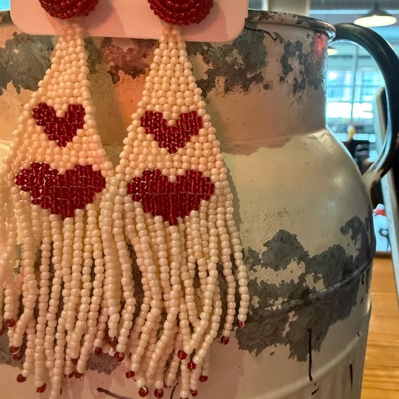 Red and White Beaded Heart Earrings - Picture 5 of 5